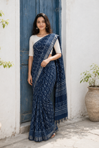 Neelima — Deep Indigo Printed Saree with Silver-Toned Border | Awadhalaya