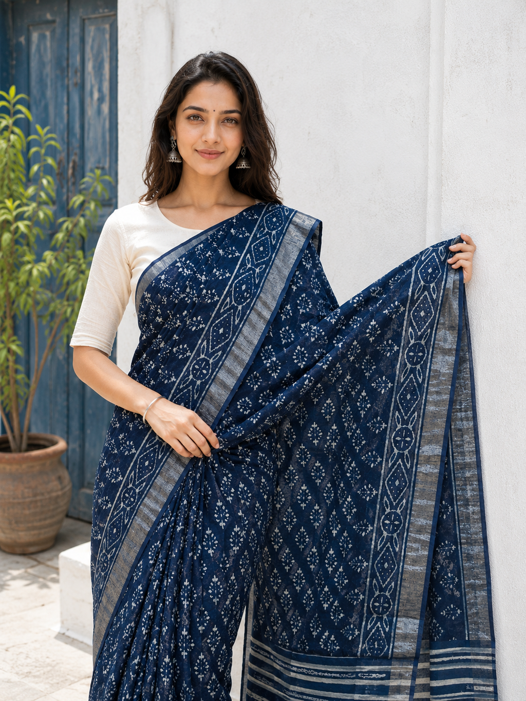 Neelima — Deep Indigo Printed Saree with Silver-Toned Border | Awadhalaya