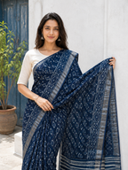 Neelima — Deep Indigo Printed Saree with Silver-Toned Border | Awadhalaya