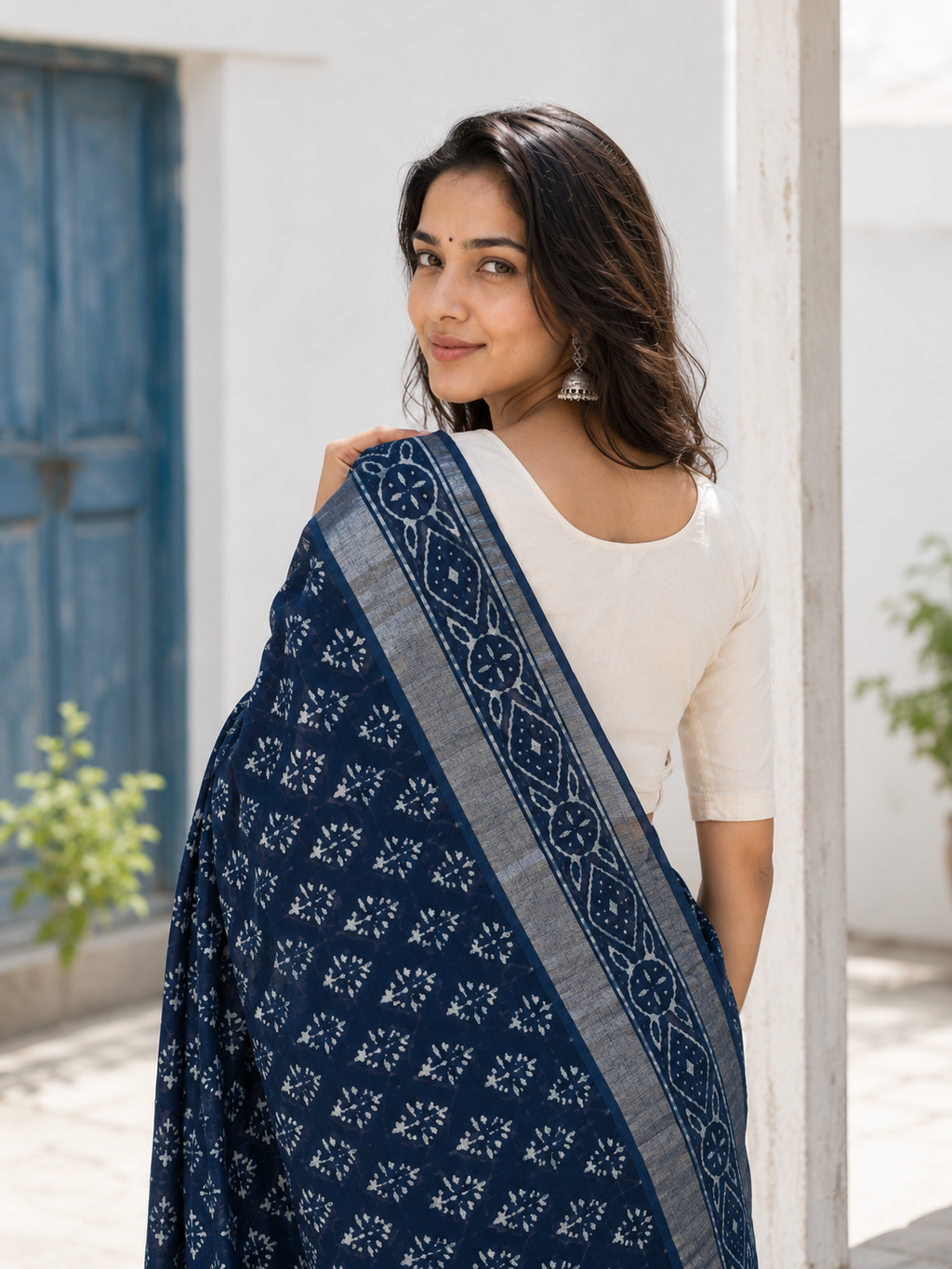 Neelima — Deep Indigo Printed Saree with Silver-Toned Border | Awadhalaya