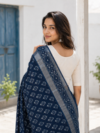 Neelima — Deep Indigo Printed Saree with Silver-Toned Border | Awadhalaya