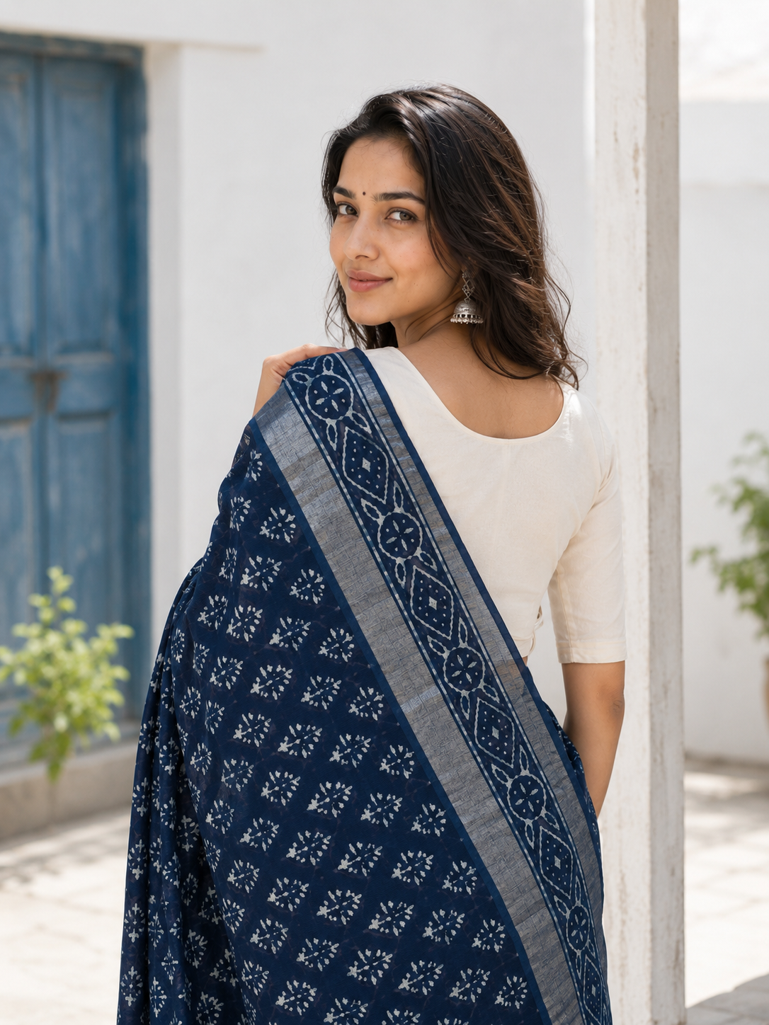 Neelima — Deep Indigo Printed Saree with Silver-Toned Border | Awadhalaya