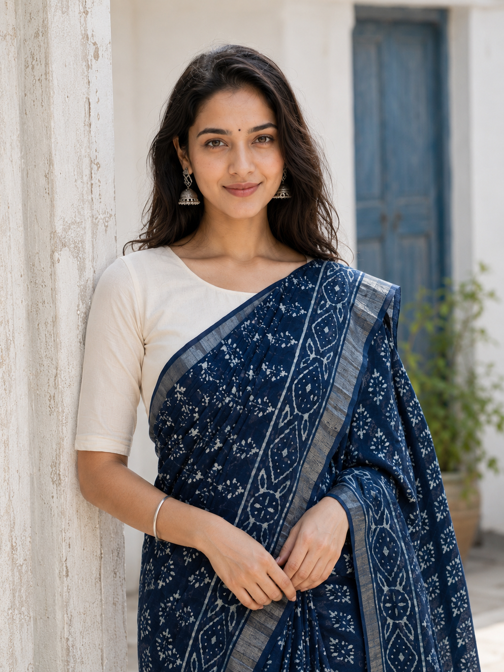 Neelima — Deep Indigo Printed Saree with Silver-Toned Border | Awadhalaya