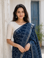 Neelima — Deep Indigo Printed Saree with Silver-Toned Border | Awadhalaya