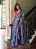 Tanaya — Blue-Copper Tissue Saree with Wine-Toned Border | Awadhalaya