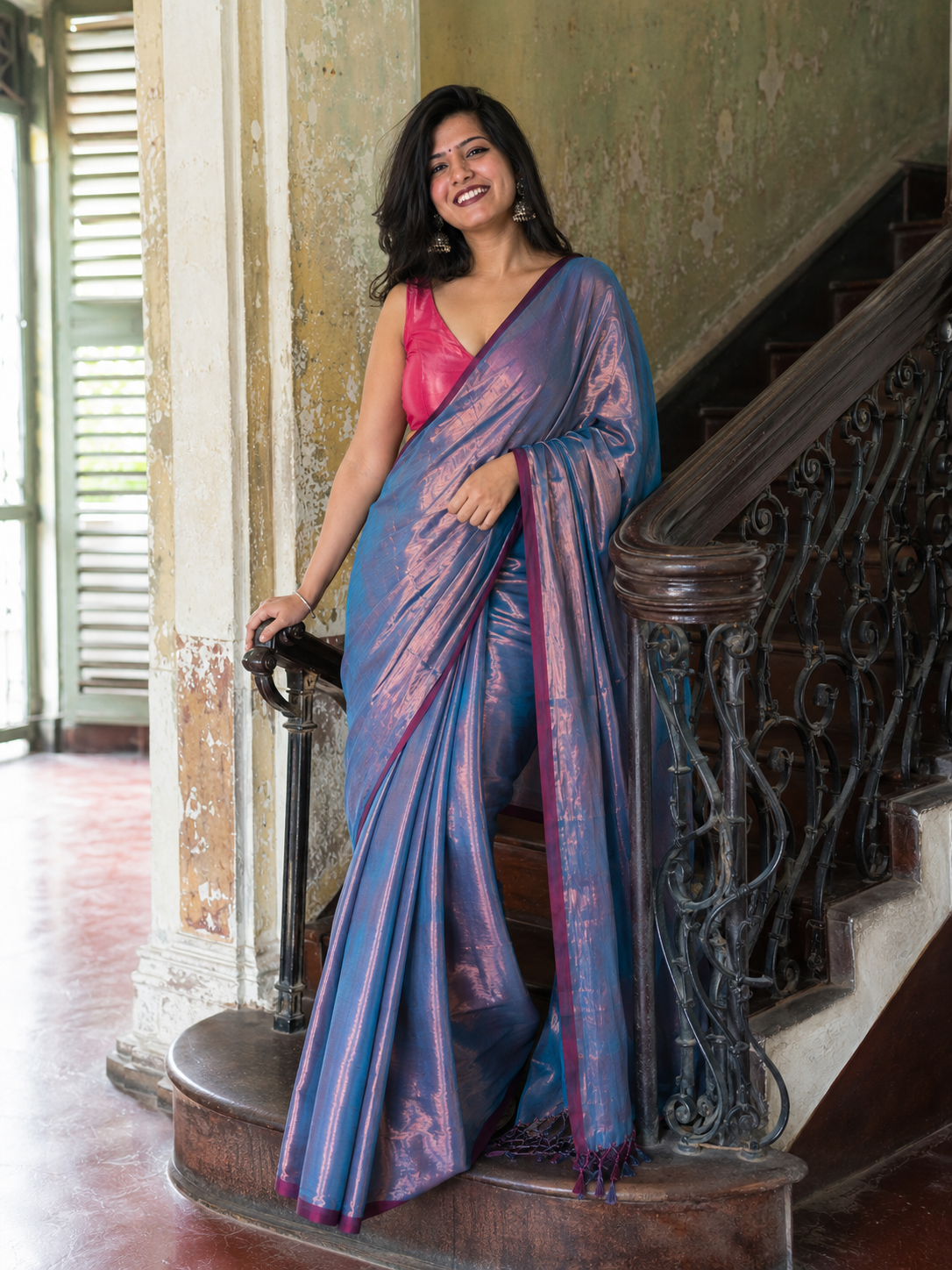 Tanaya — Blue-Copper Tissue Saree with Wine-Toned Border | Awadhalaya