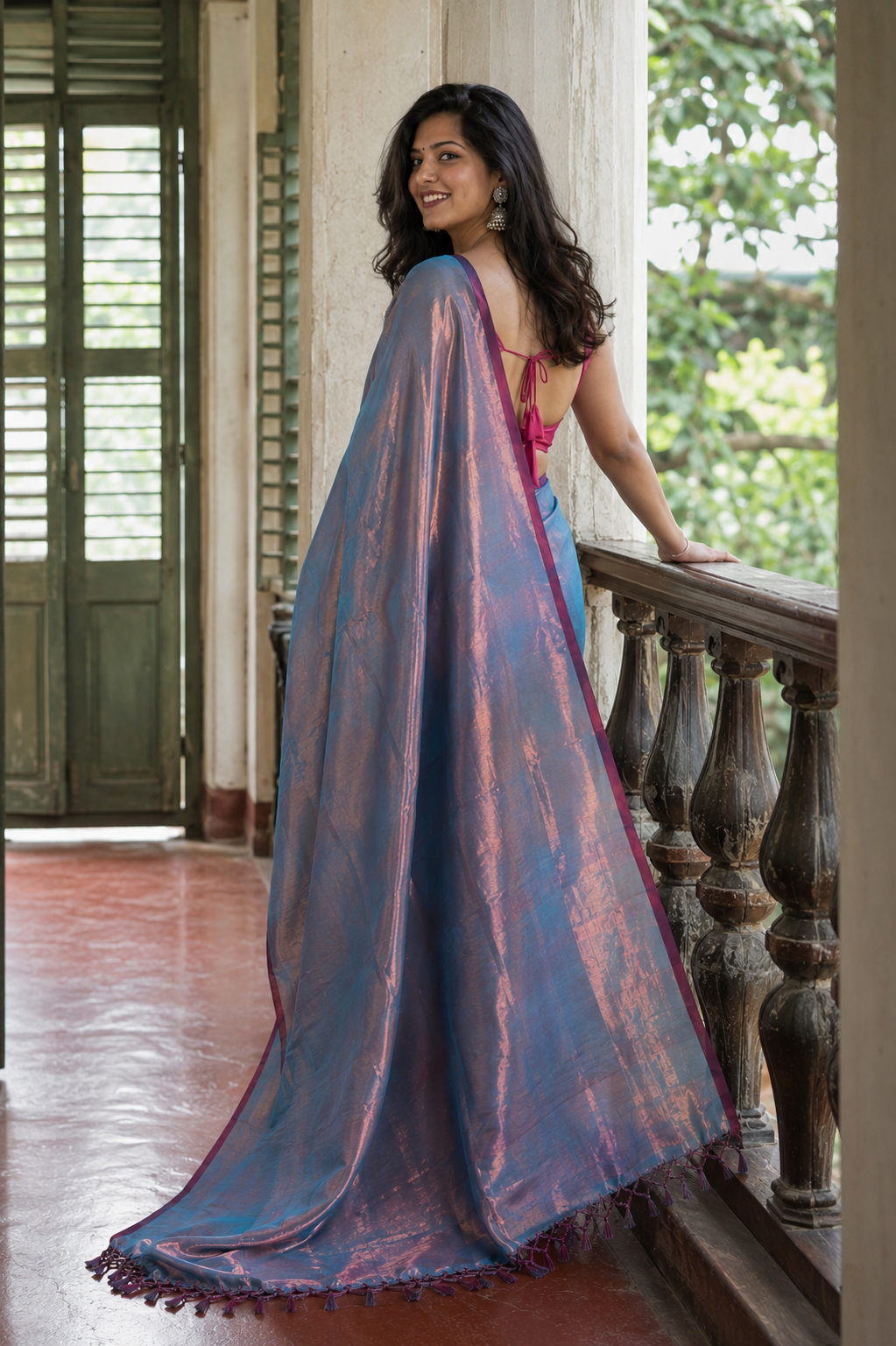 Tanaya — Blue-Copper Tissue Saree with Wine-Toned Border | Awadhalaya