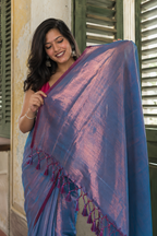Tanaya — Blue-Copper Tissue Saree with Wine-Toned Border | Awadhalaya