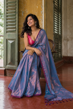 Tanaya — Blue-Copper Tissue Saree with Wine-Toned Border | Awadhalaya