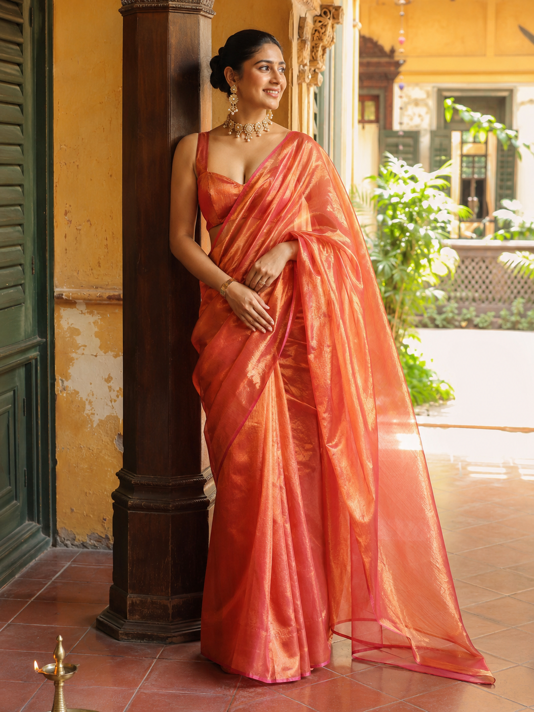 Tamra — Coppery Tissue Saree with a Sheer Pallu | Awadhalaya