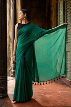 Panna — Deep Green Saree with Black Border & Tasselled Pallu
