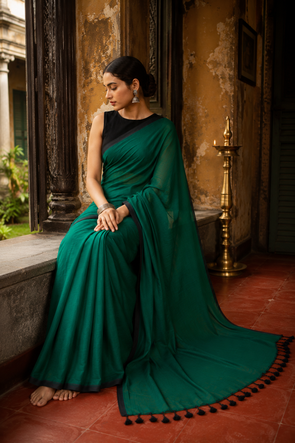 Panna — Deep Green Saree with Black Border & Tasselled Pallu