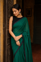 Panna — Deep Green Saree with Black Border & Tasselled Pallu