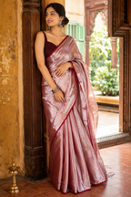 Sandhya — Rose-Silver Tissue Saree | Awadhalaya