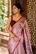 Sandhya — Rose-Silver Tissue Saree | Awadhalaya