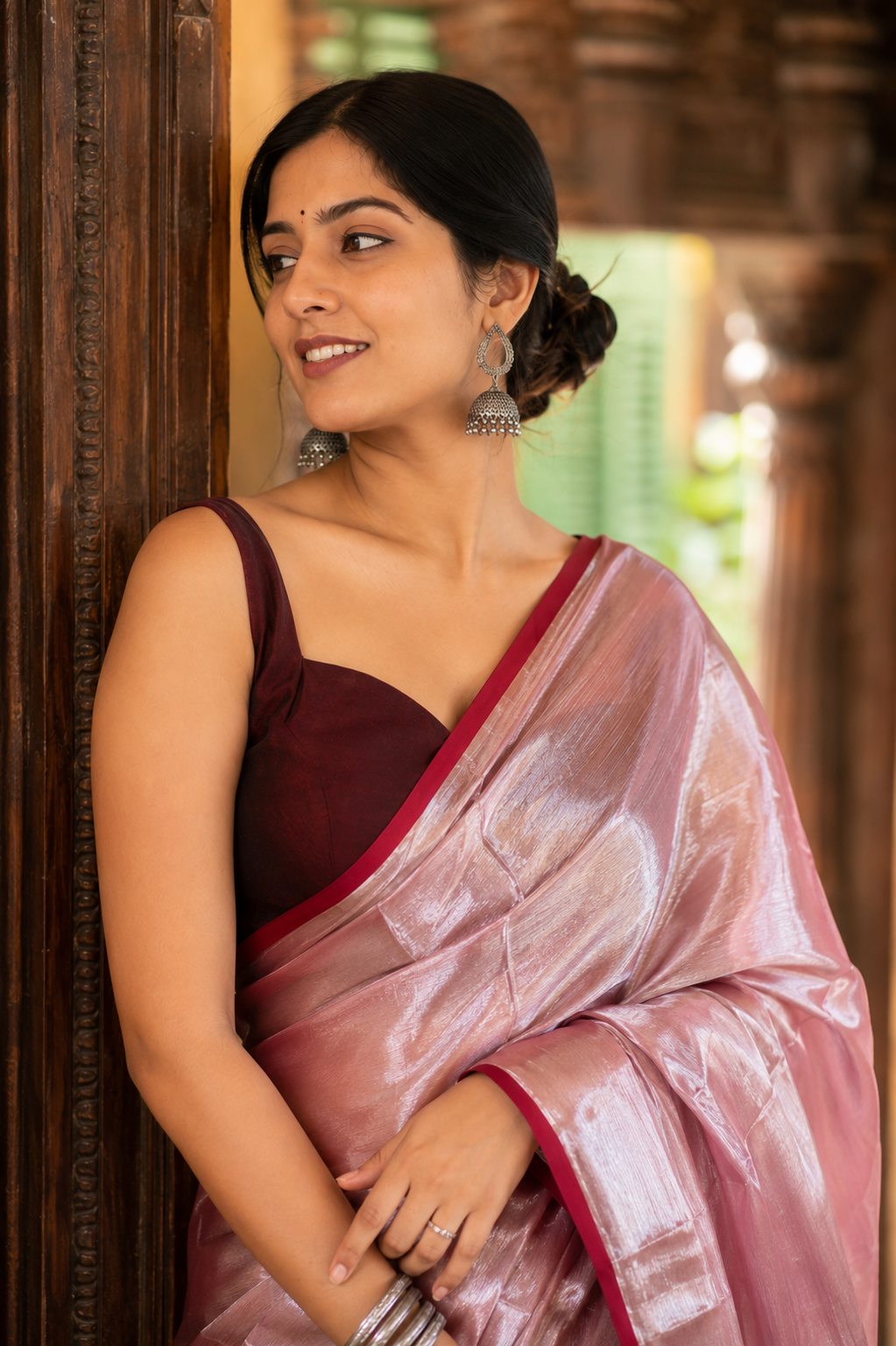 Sandhya — Rose-Silver Tissue Saree | Awadhalaya