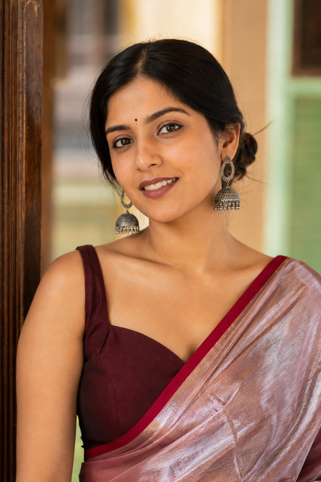 Sandhya — Rose-Silver Tissue Saree | Awadhalaya