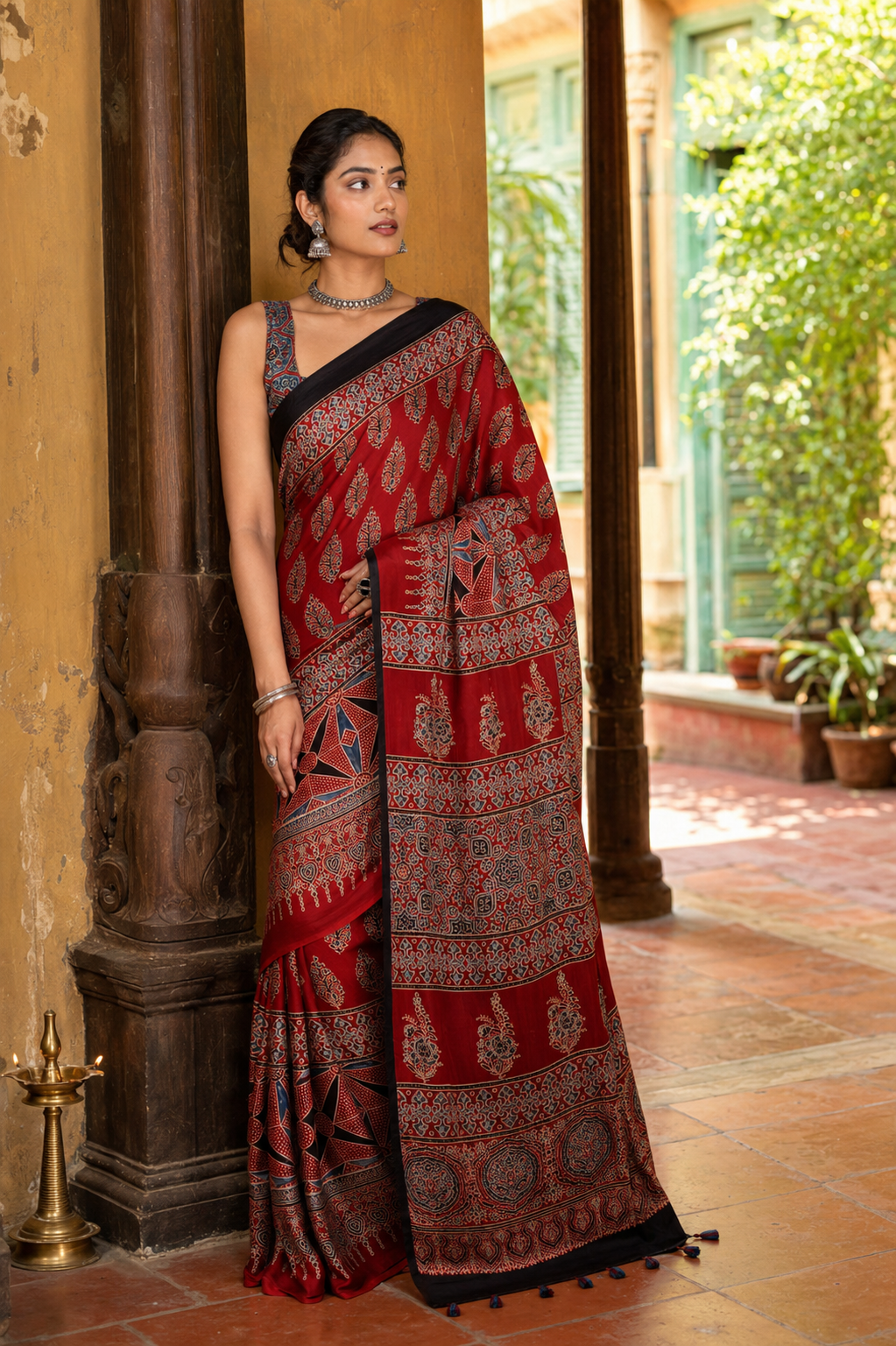 Lohita — Red Ajrakh-Inspired Modal Saree | Awadhalaya