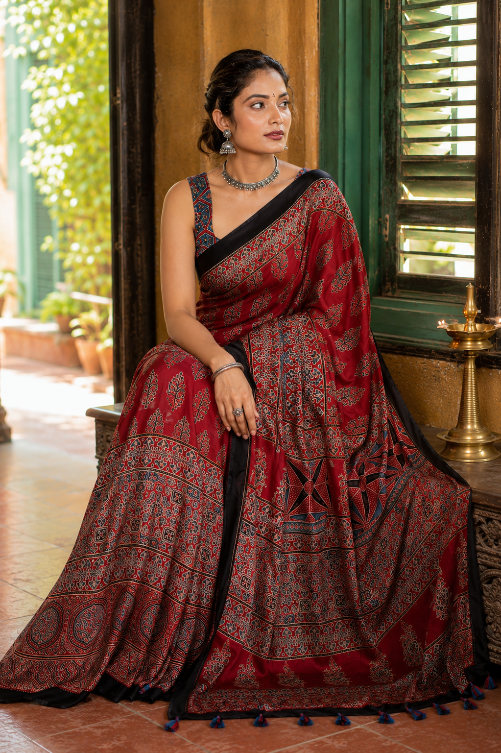 Lohita — Red Ajrakh-Inspired Modal Saree | Awadhalaya