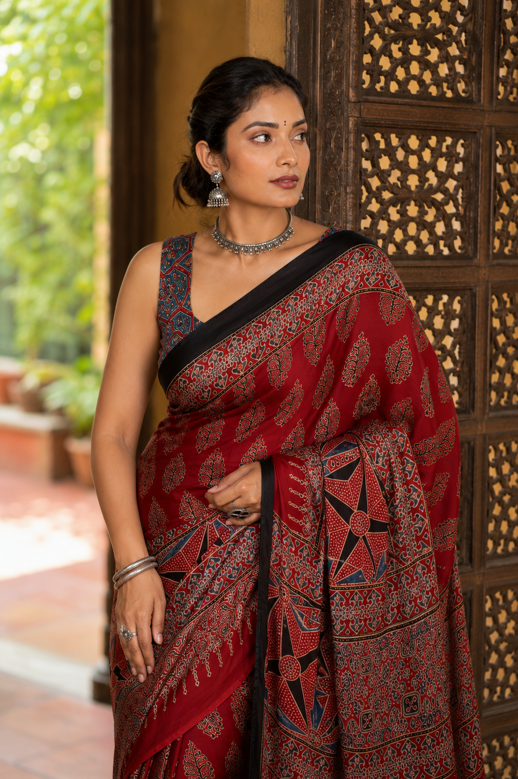 Lohita — Red Ajrakh-Inspired Modal Saree | Awadhalaya