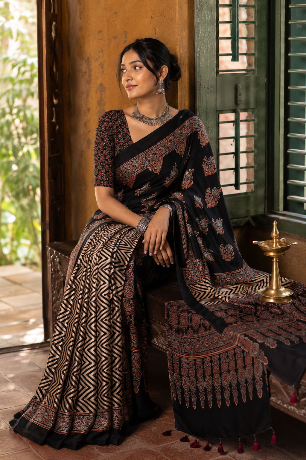 Yamini — Black Ajrakh-Inspired Modal Saree | Awadhalaya