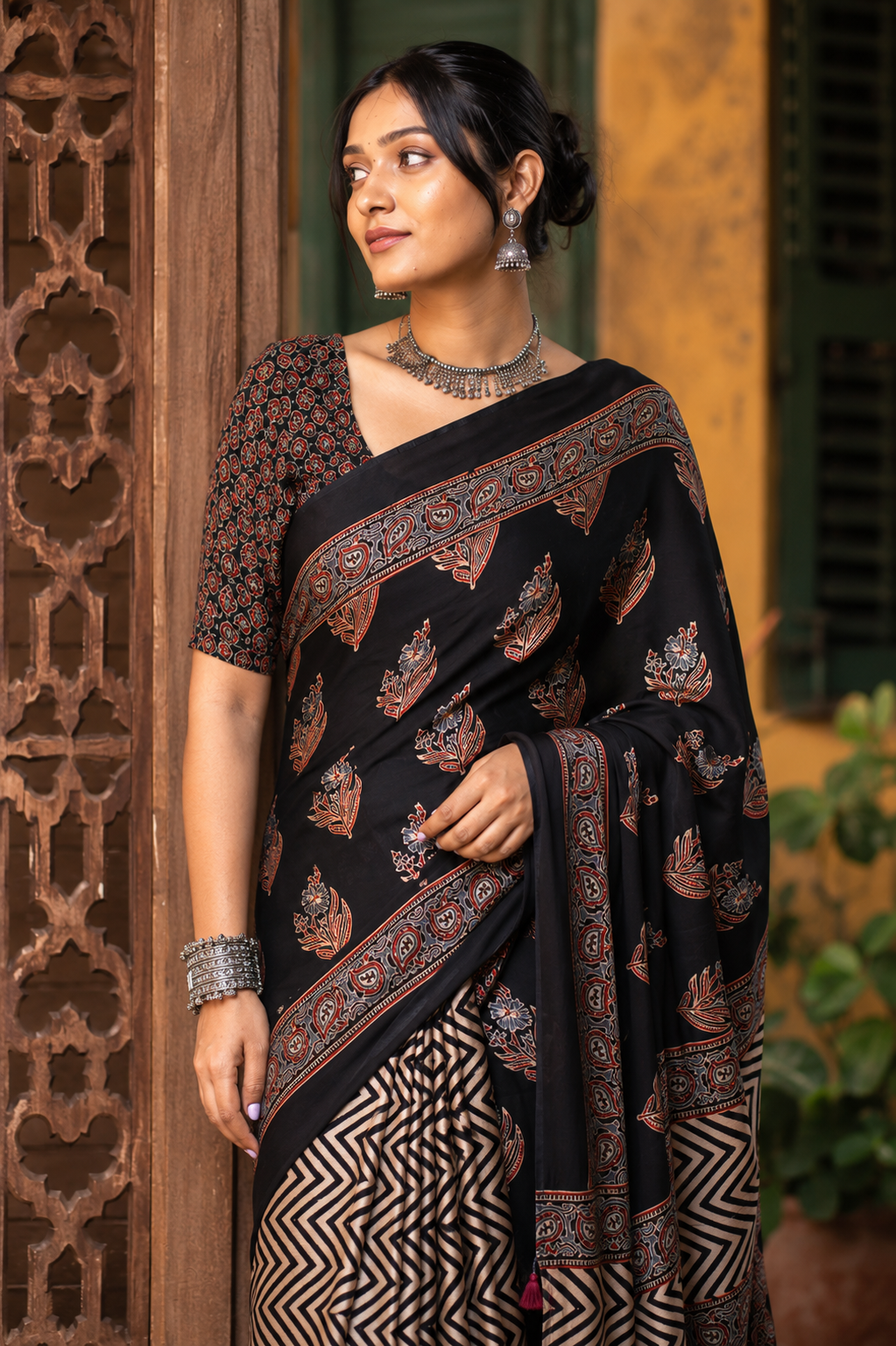 Yamini — Black Ajrakh-Inspired Modal Saree | Awadhalaya