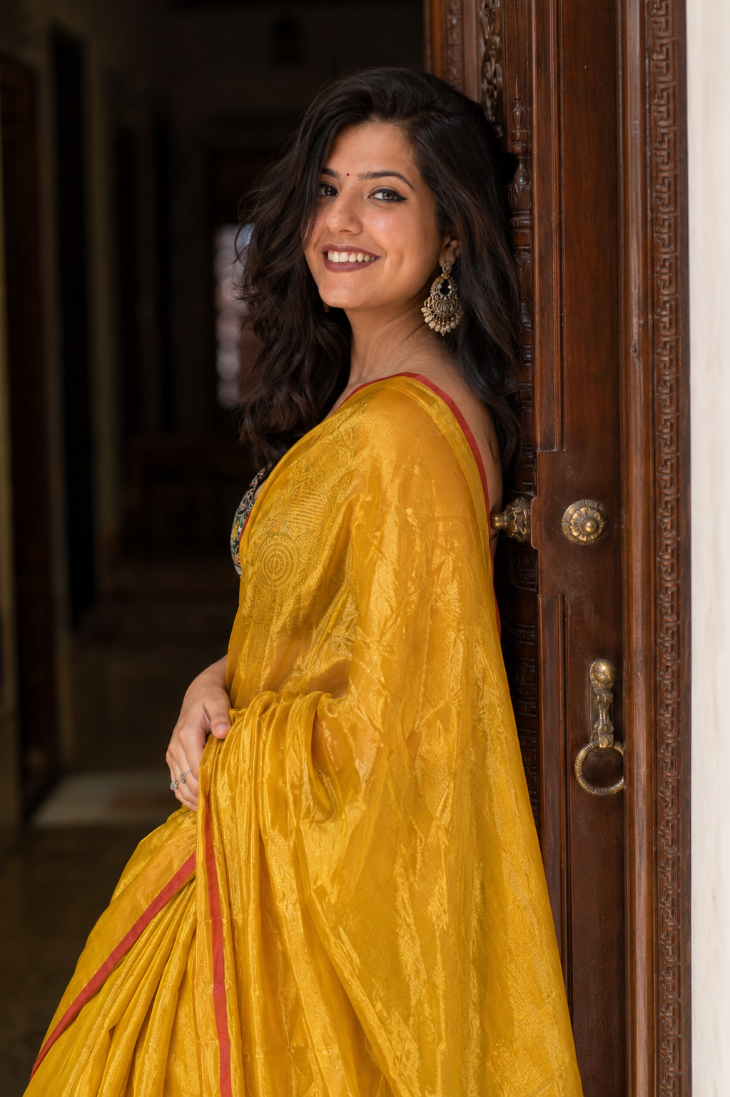 Kanchan — Mustard-Gold Tissue Saree with Red Selvedge | Awadhalaya