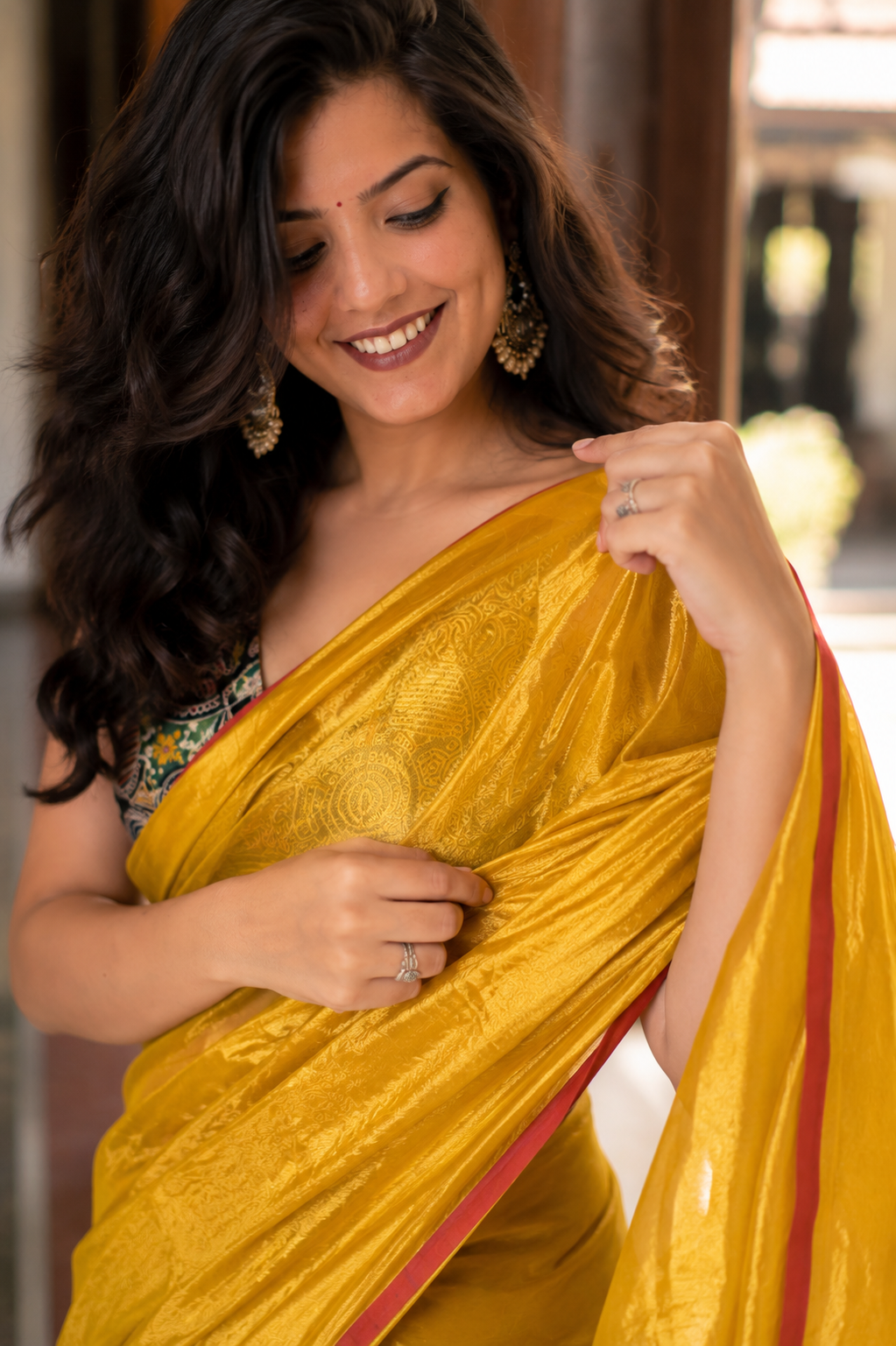 Kanchan — Mustard-Gold Tissue Saree with Red Selvedge | Awadhalaya