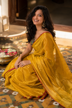 Kanchan — Mustard-Gold Tissue Saree with Red Selvedge | Awadhalaya