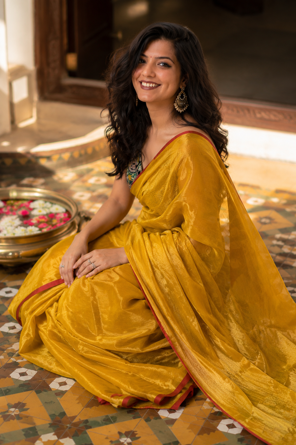 Kanchan — Mustard-Gold Tissue Saree with Red Selvedge | Awadhalaya