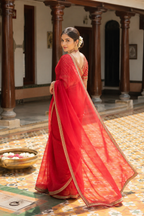 Deepti — Sheer Red Organza Saree with Gold-Toned Border | Awadhalaya
