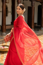 Deepti — Sheer Red Organza Saree with Gold-Toned Border | Awadhalaya