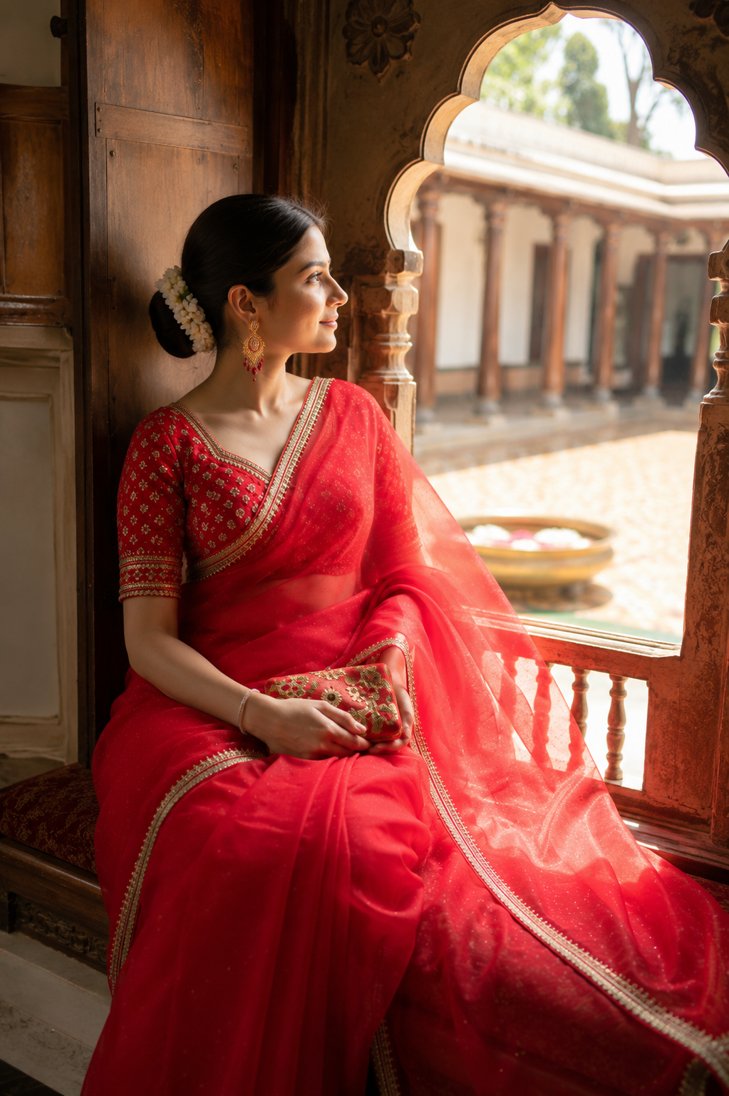 Deepti — Sheer Red Organza Saree with Gold-Toned Border | Awadhalaya
