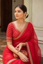 Deepti — Sheer Red Organza Saree with Gold-Toned Border | Awadhalaya
