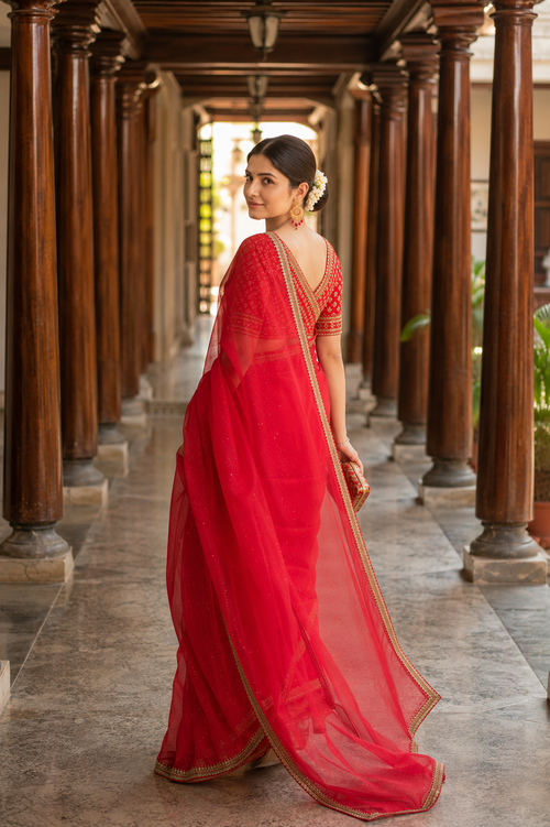 Deepti — Sheer Red Organza Saree with Gold-Toned Border | Awadhalaya