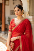 Deepti — Sheer Red Organza Saree with Gold-Toned Border | Awadhalaya