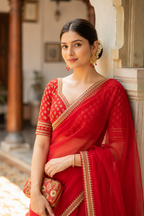Deepti — Sheer Red Organza Saree with Gold-Toned Border | Awadhalaya