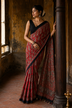 Zara Red Ajrakh Print Modal Saree with Black Border | Awadhalaya