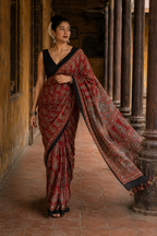 Zara Red Ajrakh Print Modal Saree with Black Border | Awadhalaya