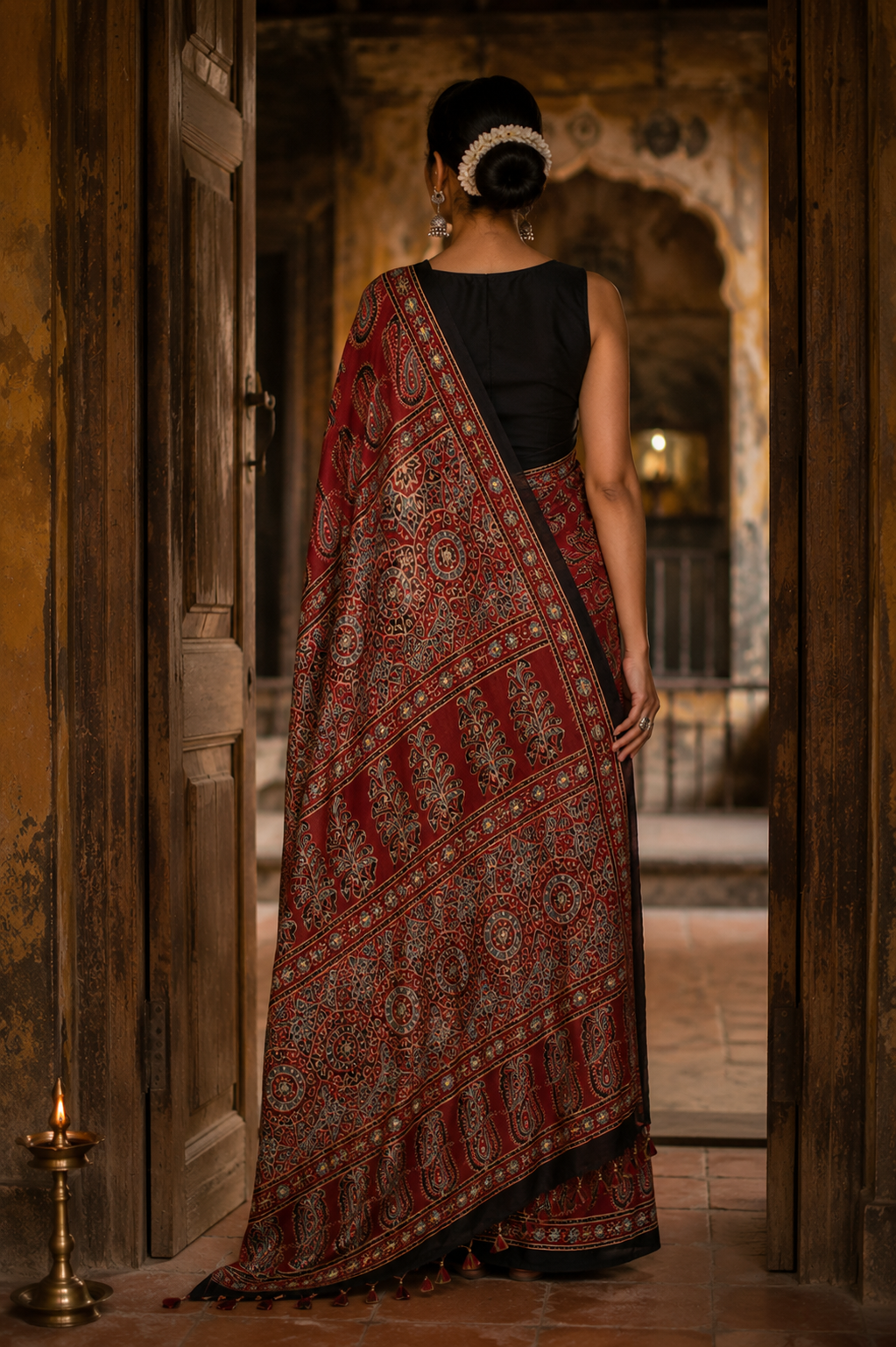 Zara Red Ajrakh Print Modal Saree with Black Border | Awadhalaya