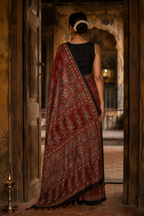 Zara Red Ajrakh Print Modal Saree with Black Border | Awadhalaya