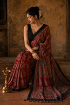 Zara Red Ajrakh Print Modal Saree with Black Border | Awadhalaya