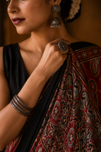 Zara Red Ajrakh Print Modal Saree with Black Border | Awadhalaya