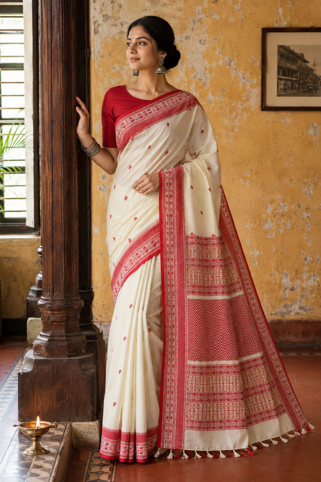 Prabha Off-White Handloom Cotton Saree with Red Border | Awadhalaya