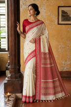 Prabha Off-White Handloom Cotton Saree with Red Border | Awadhalaya