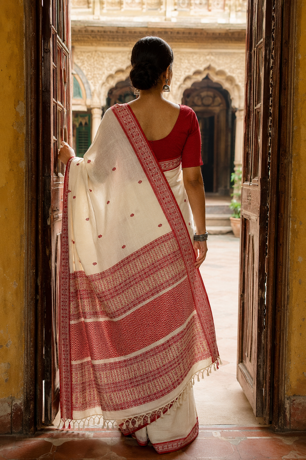 Prabha Off-White Handloom Cotton Saree with Red Border | Awadhalaya