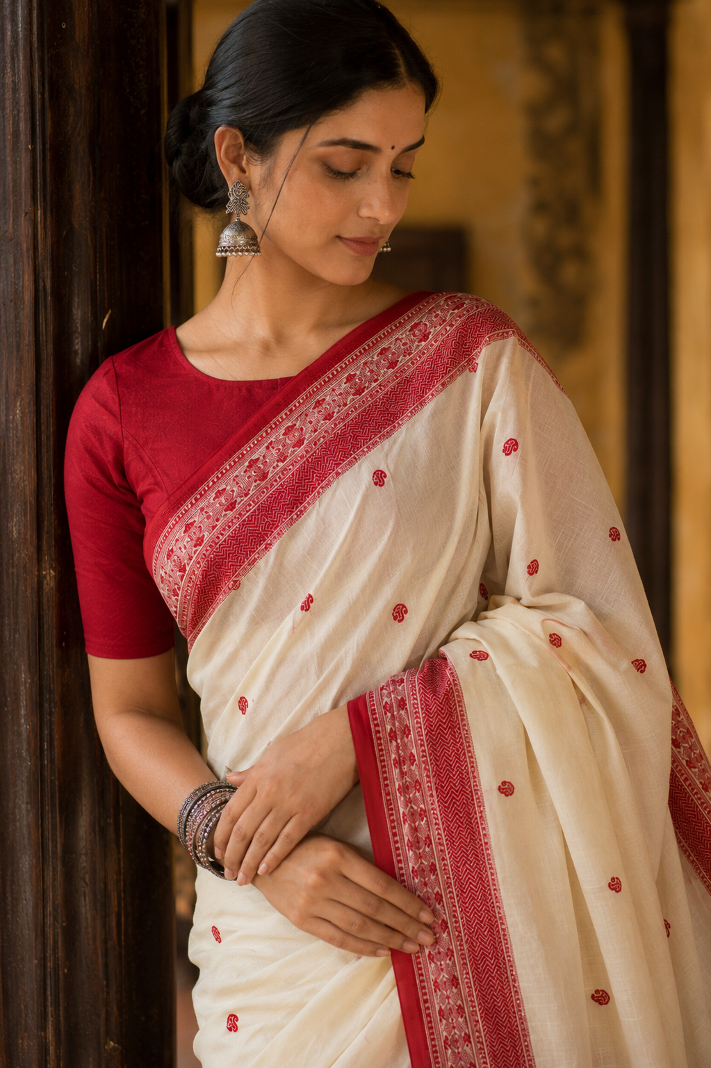 Prabha Off-White Handloom Cotton Saree with Red Border | Awadhalaya