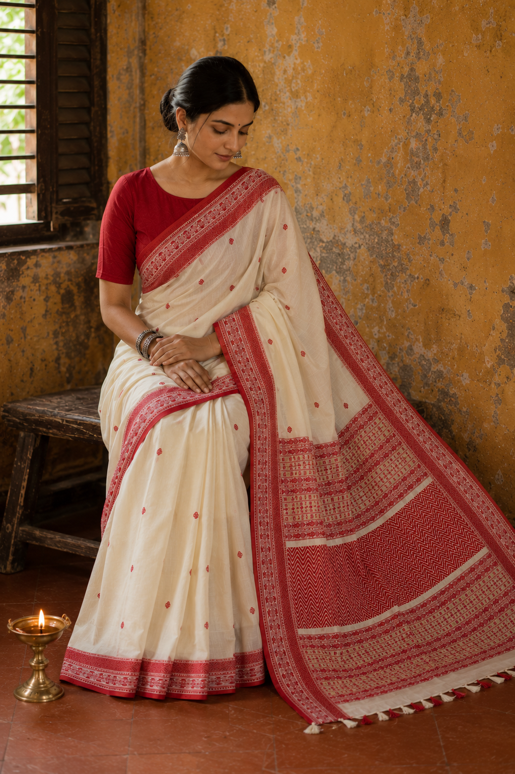 Prabha Off-White Handloom Cotton Saree with Red Border | Awadhalaya