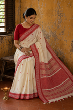 Prabha Off-White Handloom Cotton Saree with Red Border | Awadhalaya