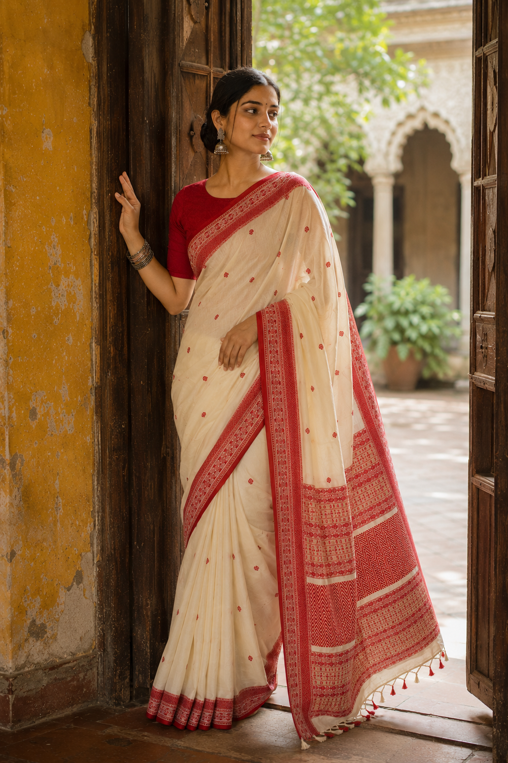 Prabha Off-White Handloom Cotton Saree with Red Border | Awadhalaya